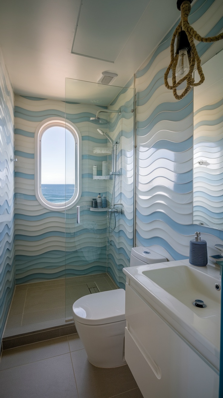 Bathroom featuring water-resistant PVC wall panels with a wave pattern in blue and white.