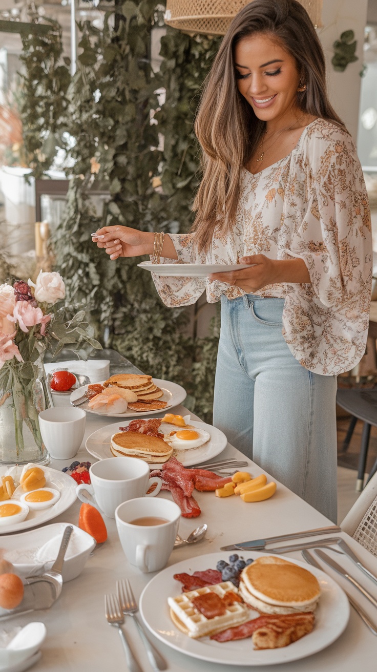 A woman in a flowy floral blouse and wide-leg jeans at a brunch table with various breakfast foods.