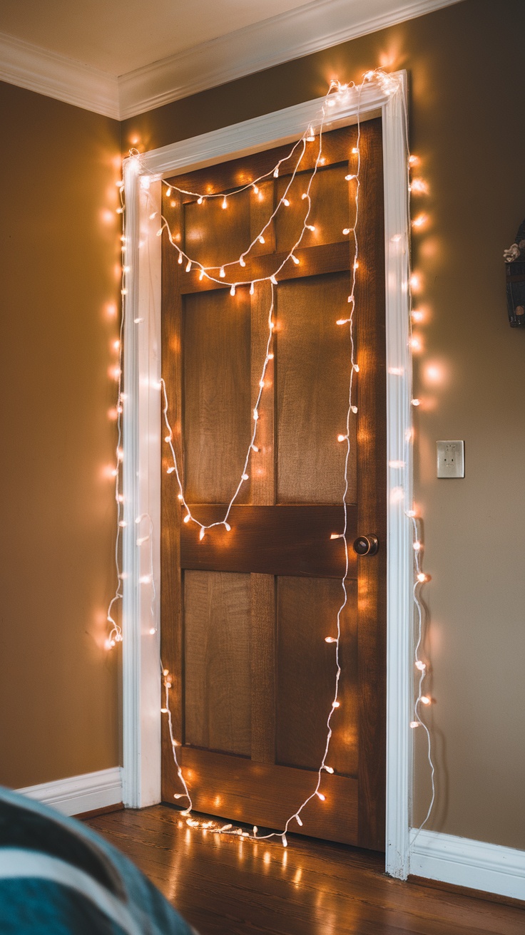 A wooden bedroom door adorned with warm white string lights, creating a cozy atmosphere.