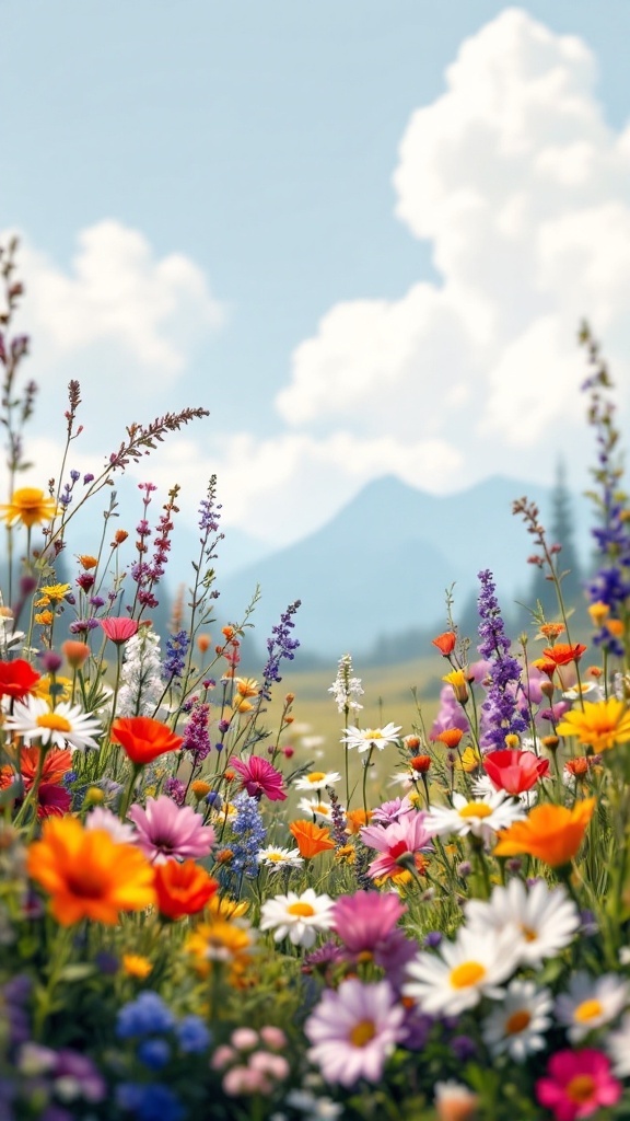 A colorful array of wildflowers in a meadow with blue skies and mountains in the background