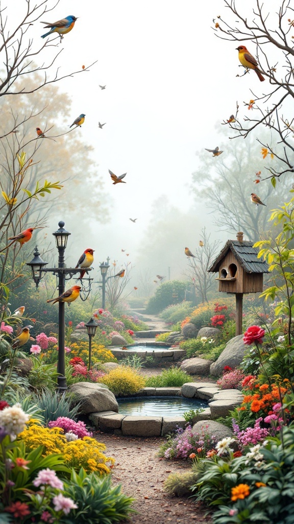 A colorful garden with flowers, birdhouses, and water features, attracting various birds and wildlife.