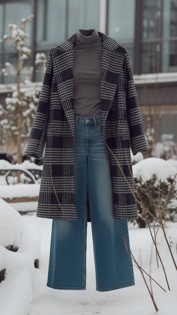 A fashionable winter outfit featuring a turtleneck, plaid coat, and wide leg jeans